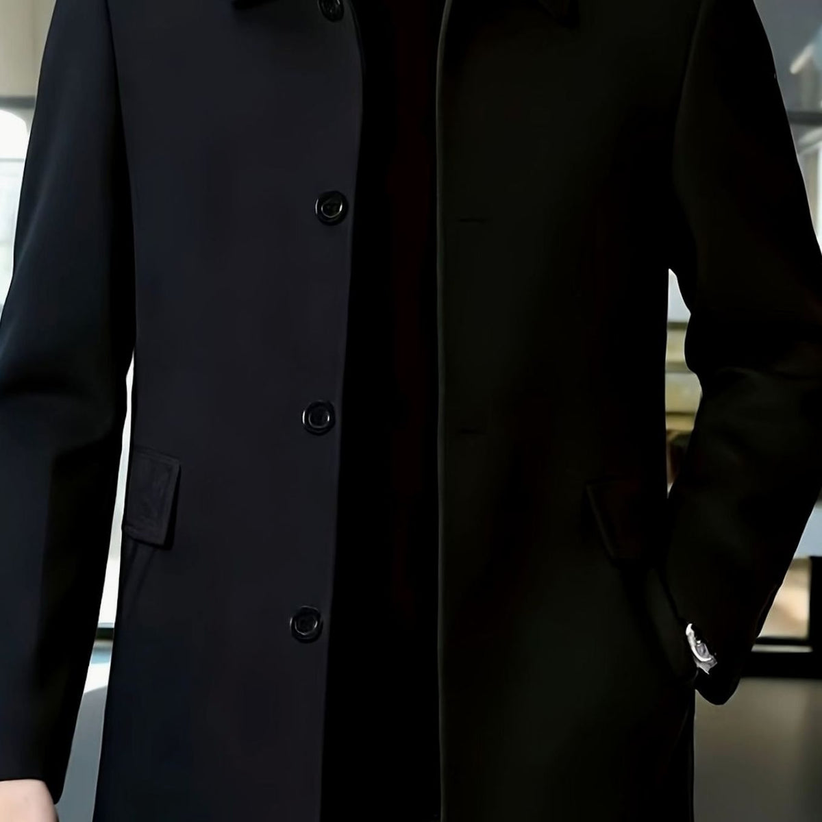 Men's Single-Breasted Wool Overcoat Classic Collar Topcoat - Black