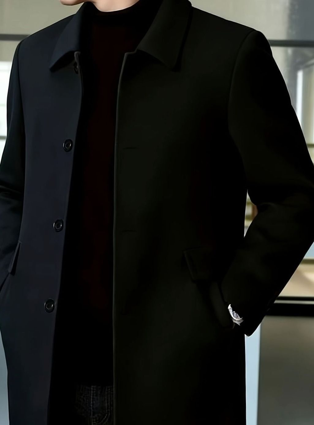 Men's Single-Breasted Wool Overcoat Classic Collar Topcoat
