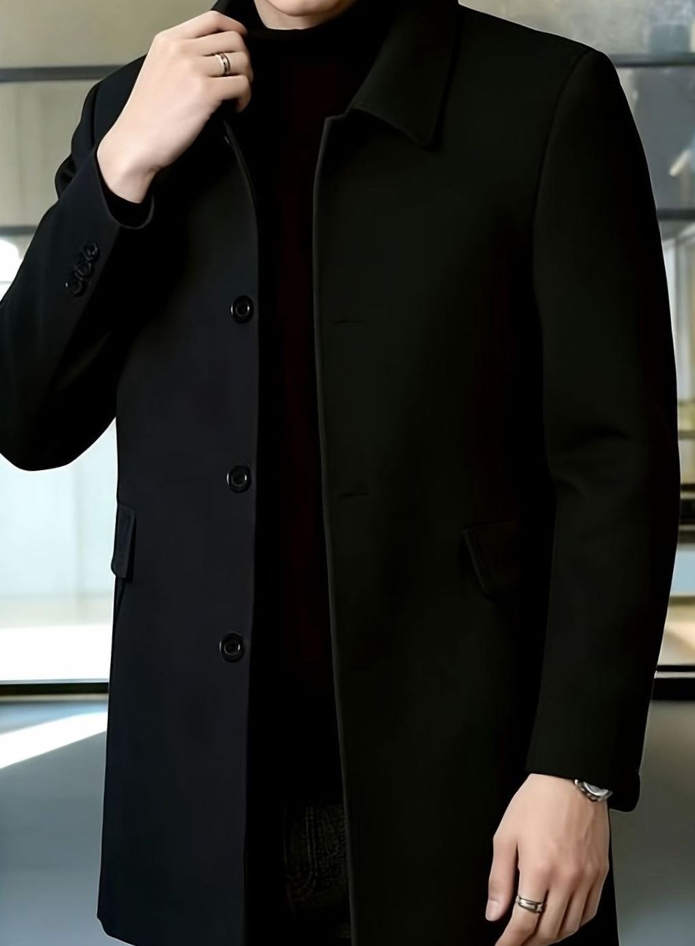 Men's Single-Breasted Wool Overcoat Classic Collar Topcoat