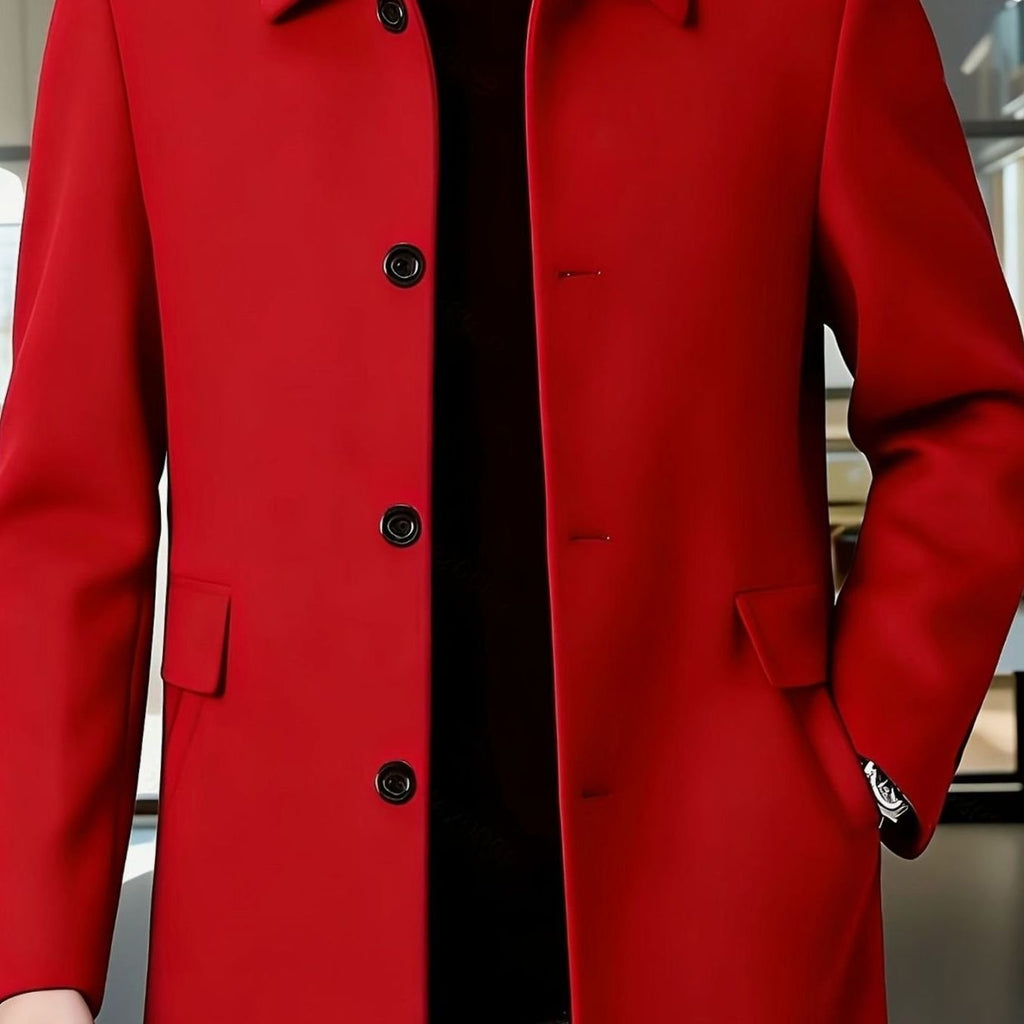 Men's Single-Breasted Wool Overcoat Classic Collar Topcoat - Red