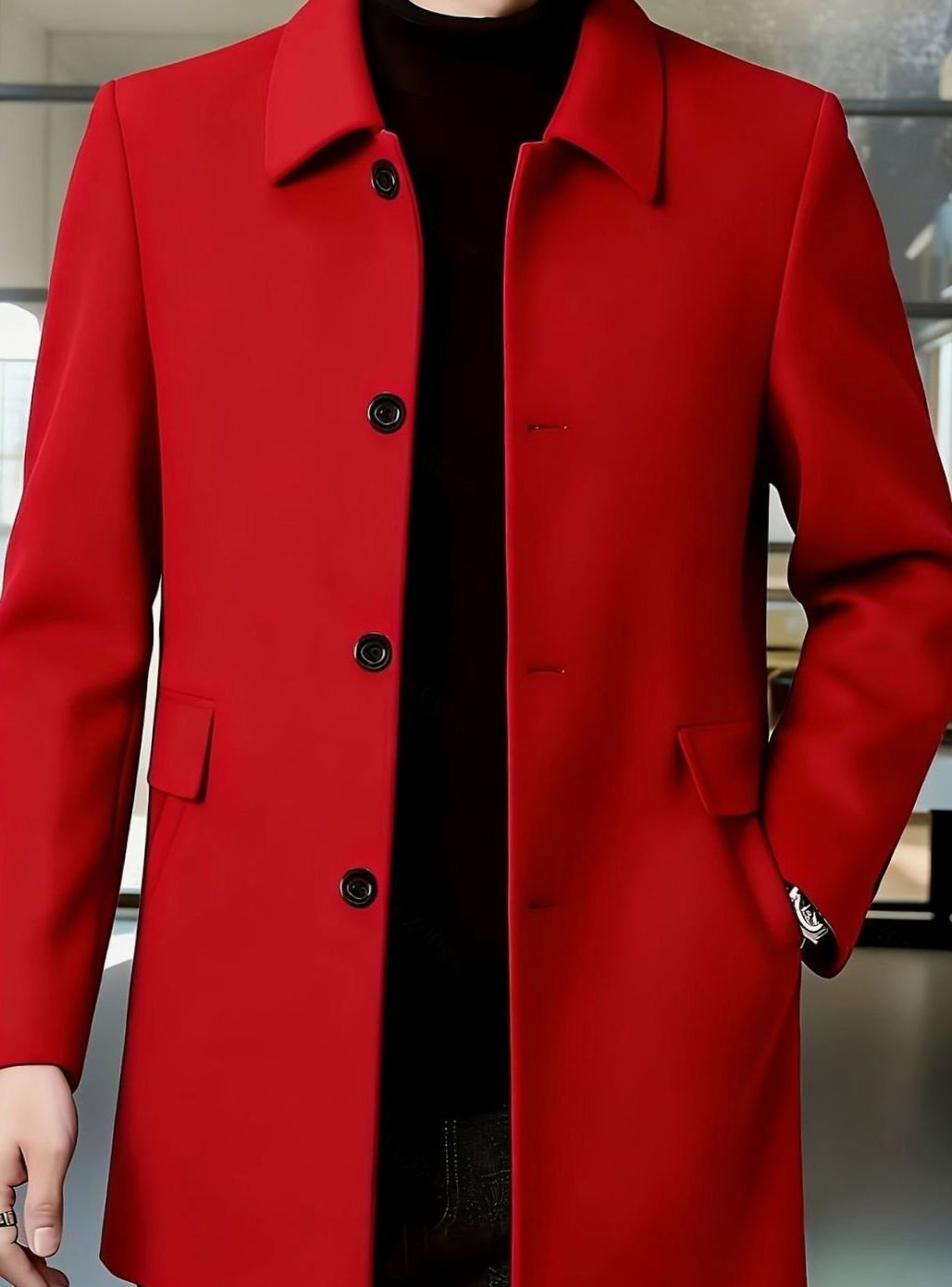 Men's Single-Breasted Wool Overcoat Classic Collar Topcoat