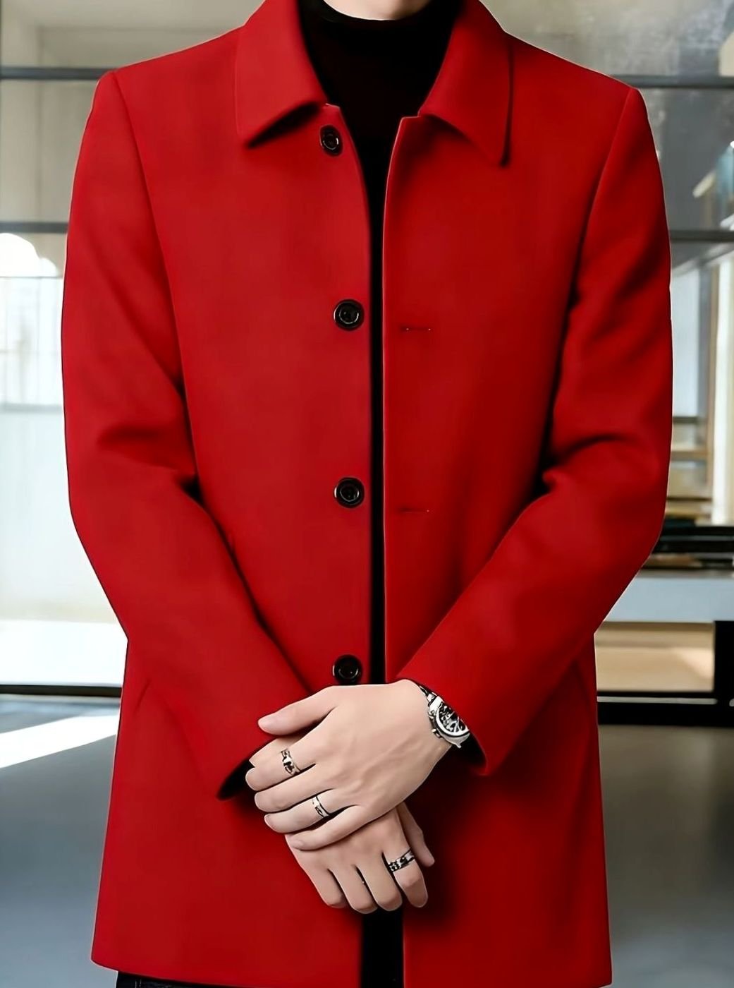 Men's Single-Breasted Wool Overcoat Classic Collar Topcoat