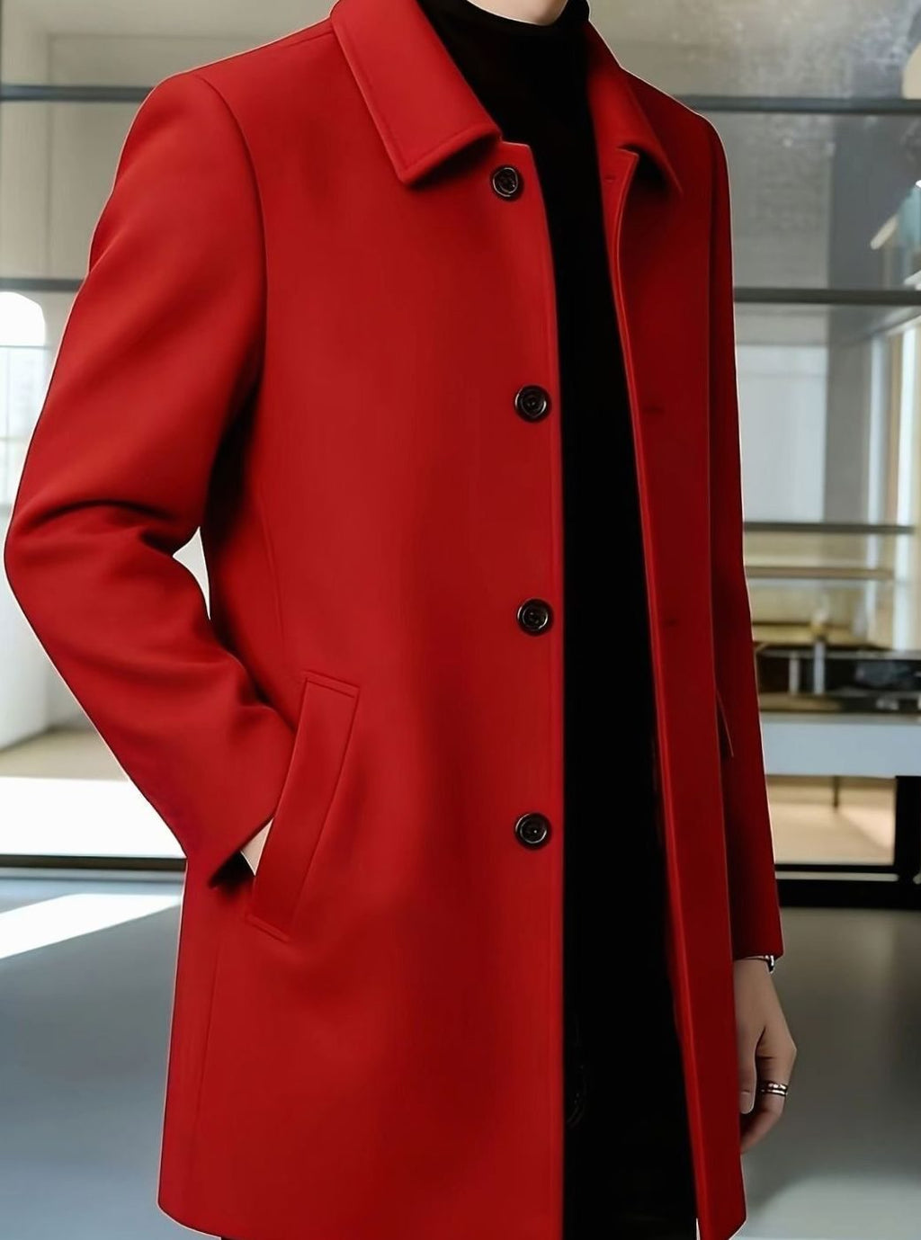 Men's Single-Breasted Wool Overcoat Classic Collar Topcoat