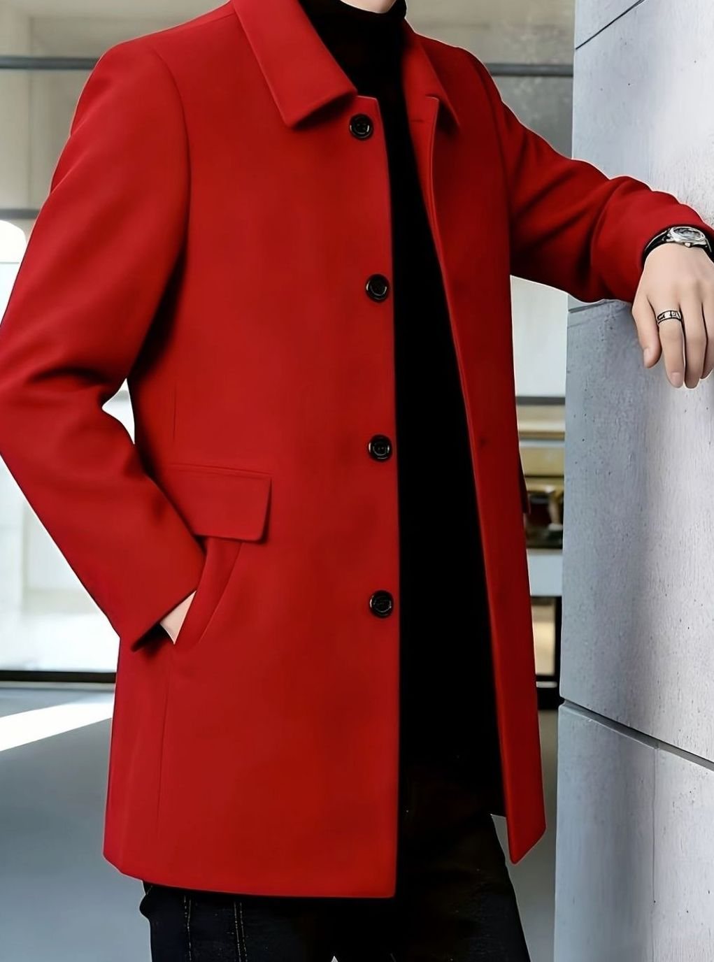 Men's Single-Breasted Wool Overcoat Classic Collar Topcoat