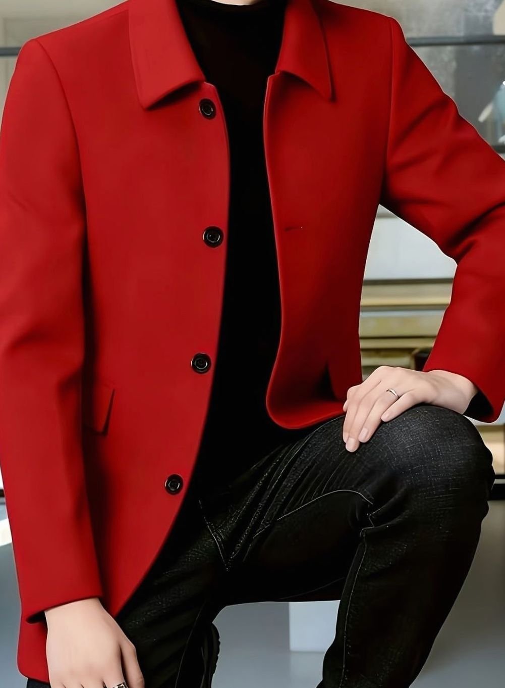 Men's Single-Breasted Wool Overcoat Classic Collar Topcoat