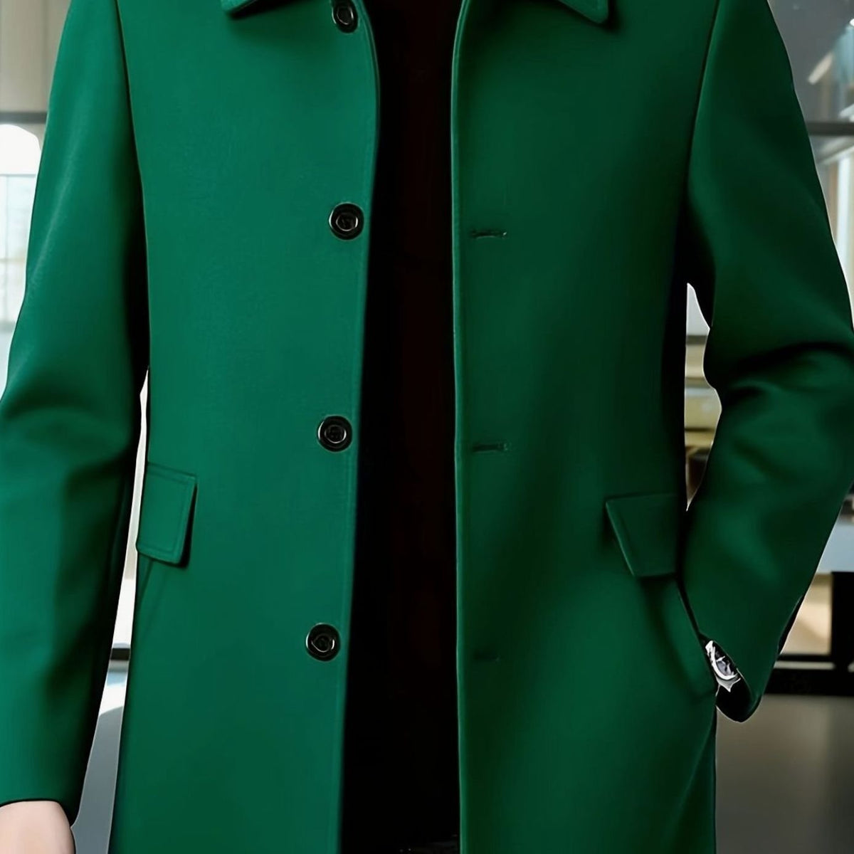 Men's Single-Breasted Wool Overcoat Classic Collar Topcoat - Green