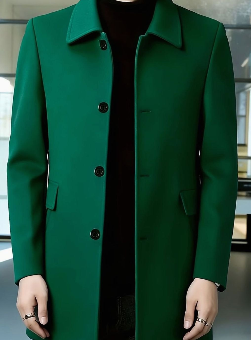 Men's Single-Breasted Wool Overcoat Classic Collar Topcoat