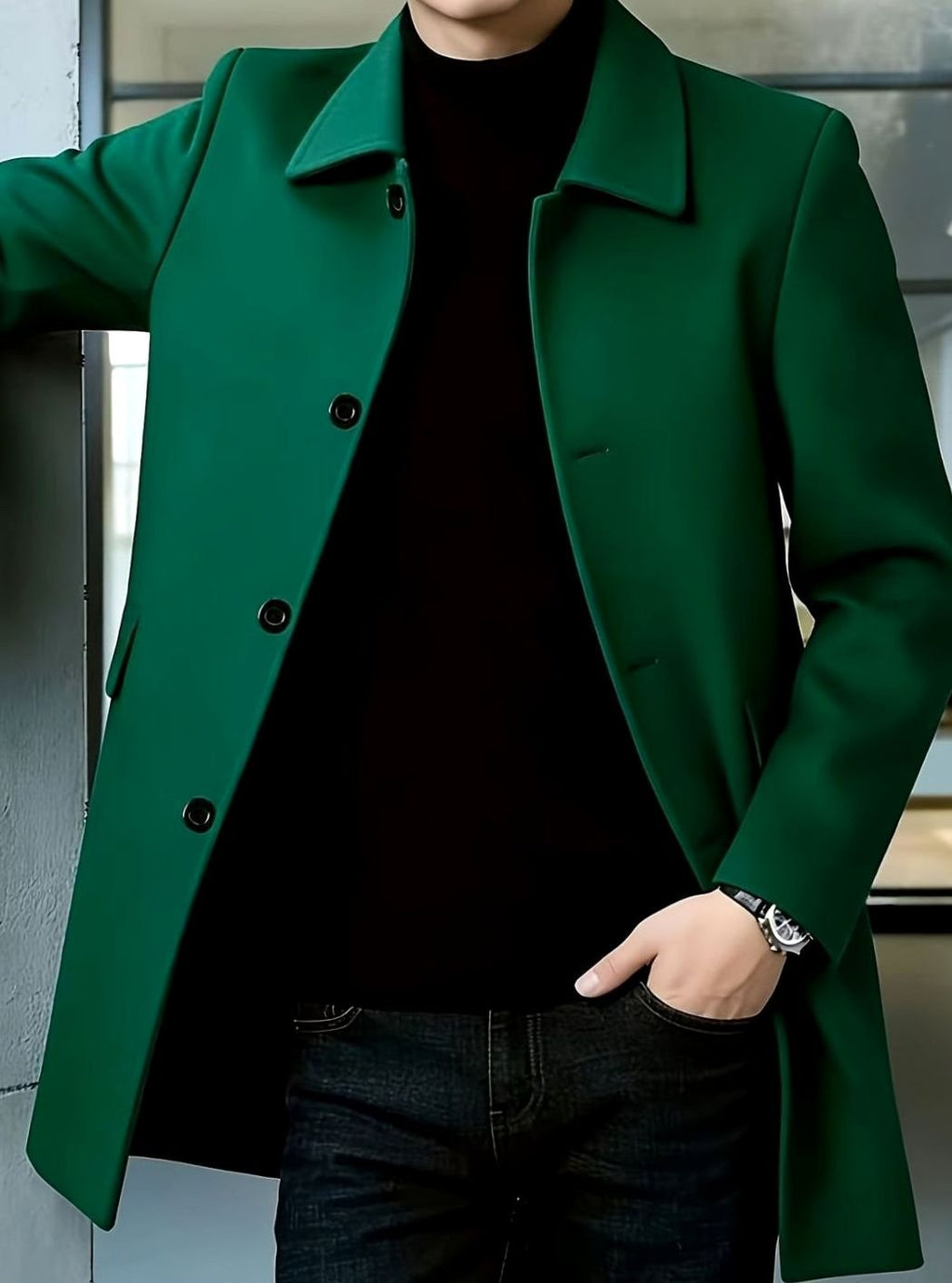 Men's Single-Breasted Wool Overcoat Classic Collar Topcoat