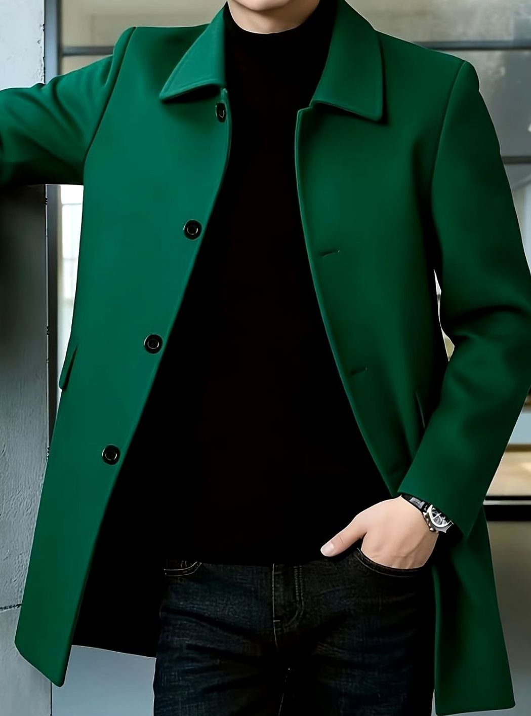 Men's Single-Breasted Wool Overcoat Classic Collar Topcoat