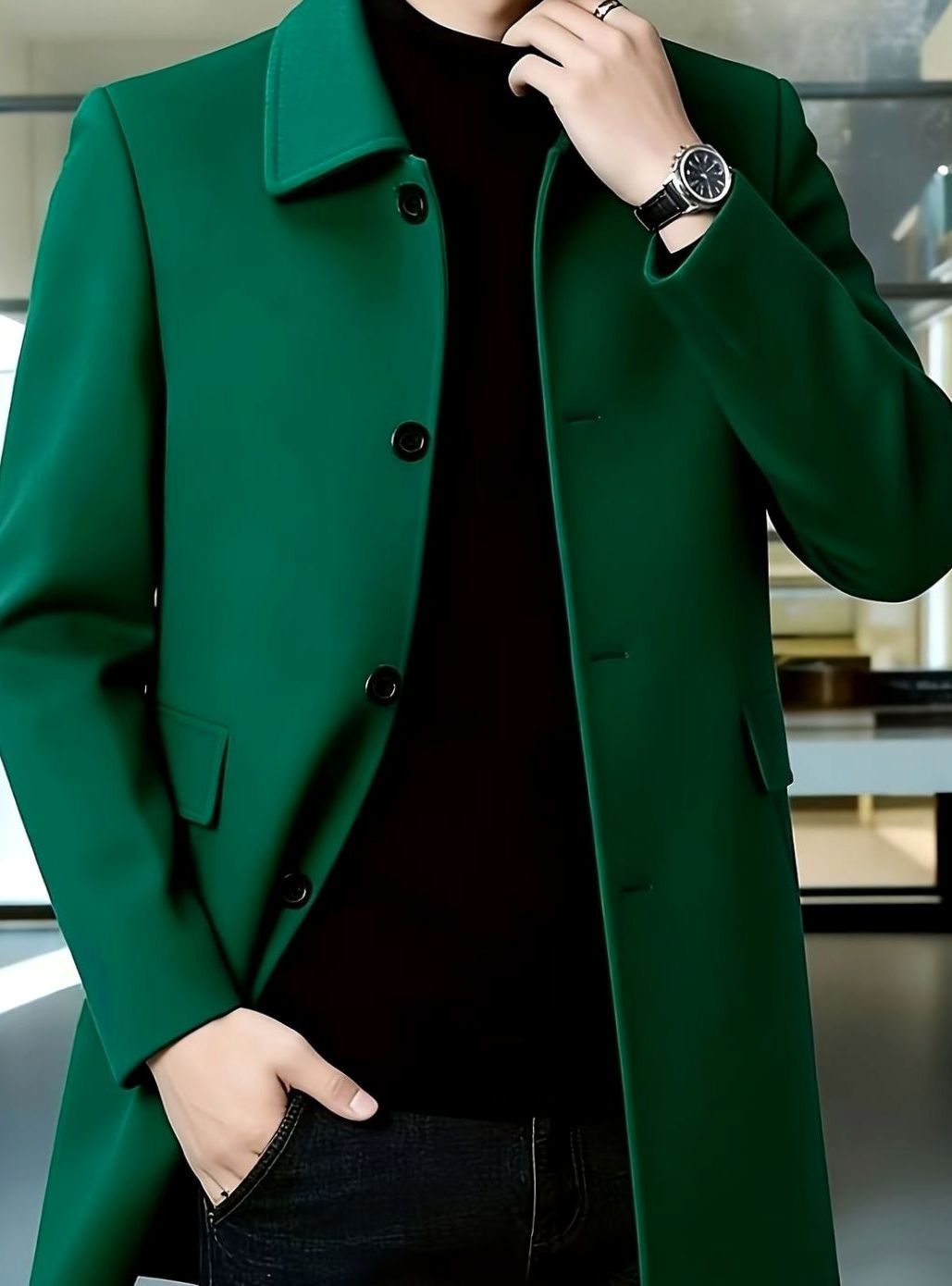 Men's Single-Breasted Wool Overcoat Classic Collar Topcoat