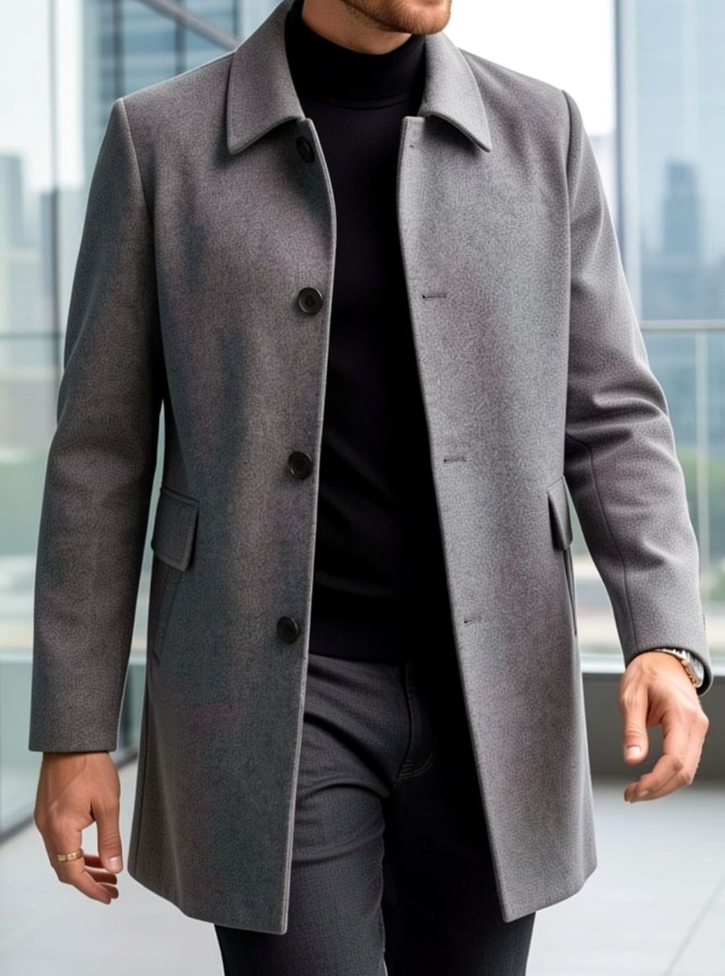 Men's Single-Breasted Wool Overcoat Classic Collar Topcoat