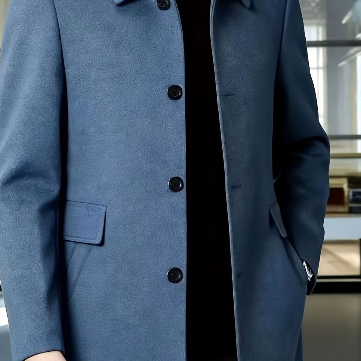 Men's Single-Breasted Wool Overcoat Classic Collar Topcoat - Deep Sky Blue