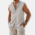 Men's Sleeveless Button-Down Linen-Look Shirt Shorts Set - Off Whte