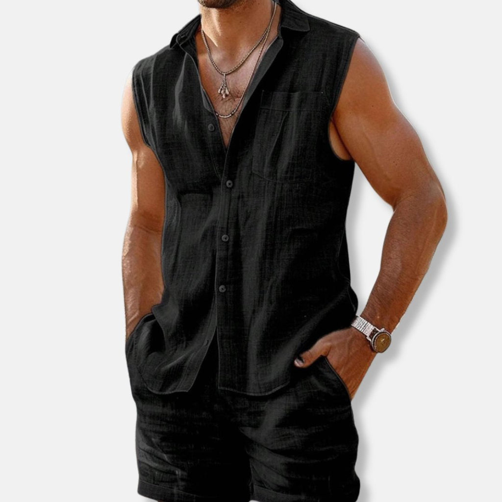 Men's Sleeveless Button-Down Linen-Look Shirt Shorts Set - Black