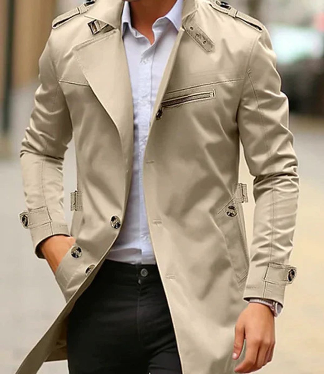 Men's Slim-Fit Belted Trench Mens Wool Coat Overcoat - Light Beige