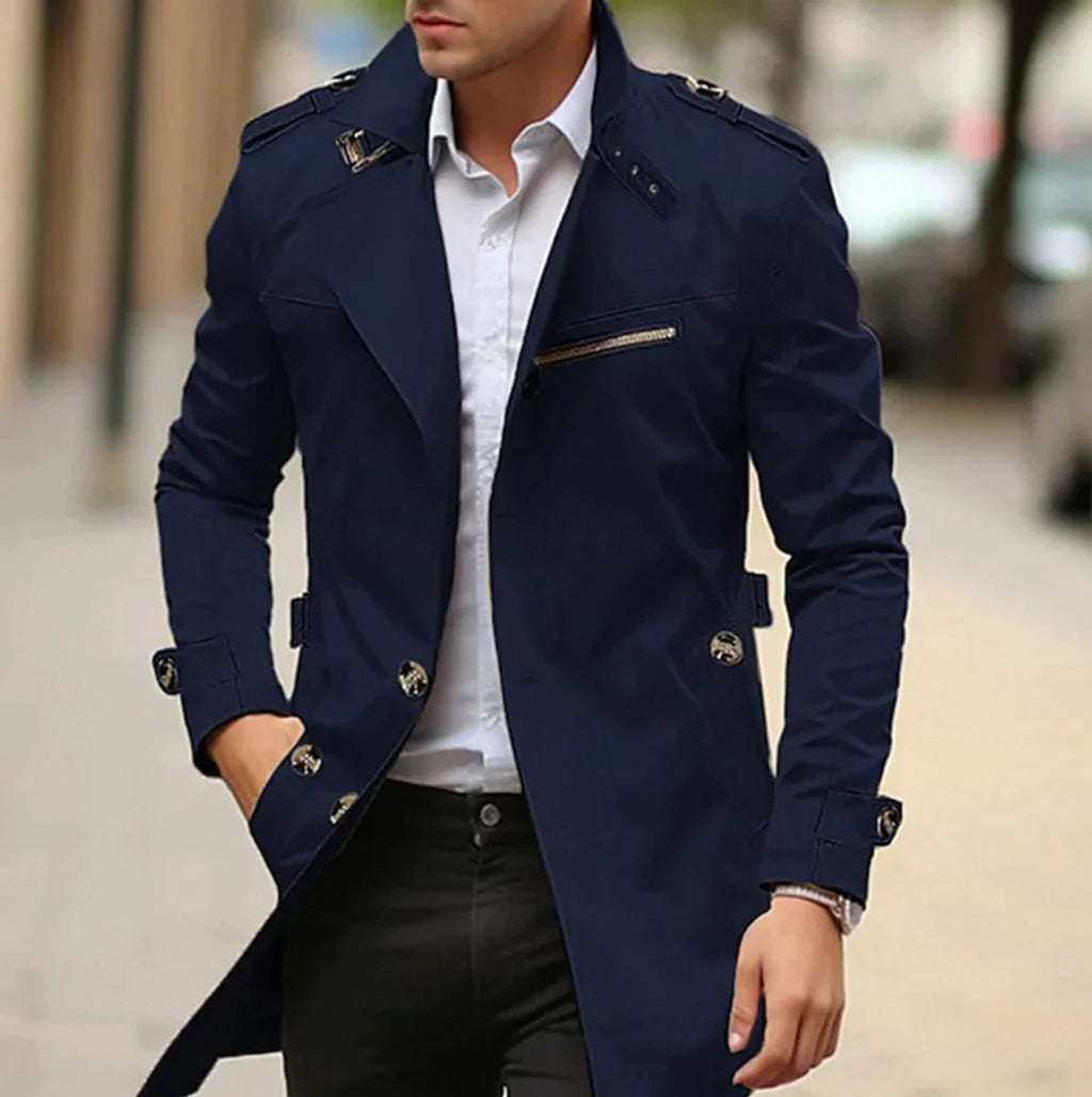 Men's Slim-Fit Belted Trench Mens Wool Coat Overcoat - Dark Blue
