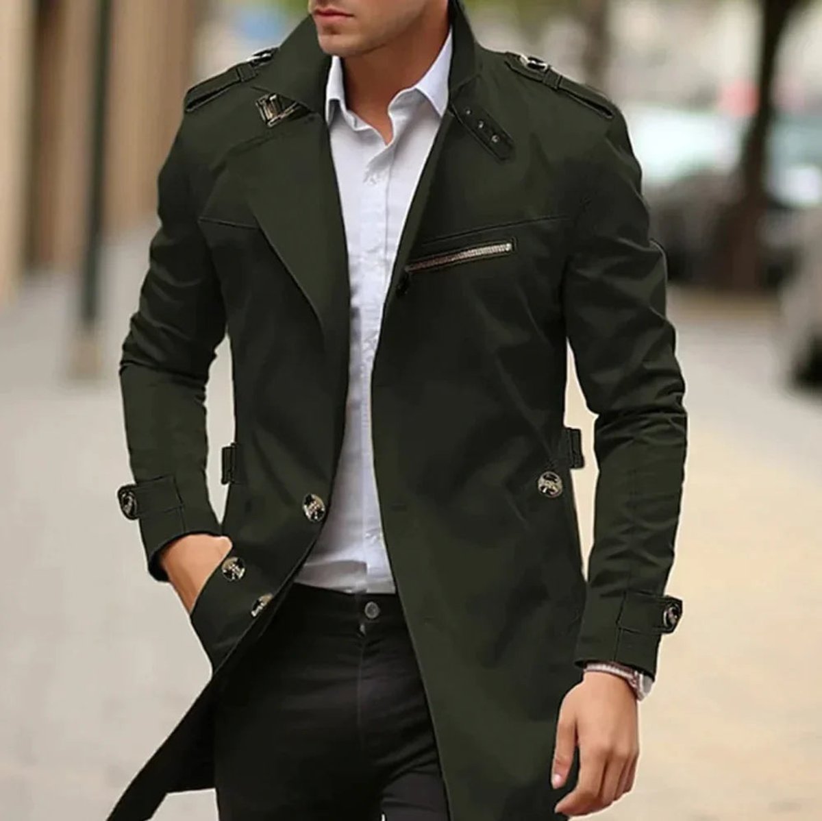 Men's Slim-Fit Belted Trench Mens Wool Coat Overcoat - Green