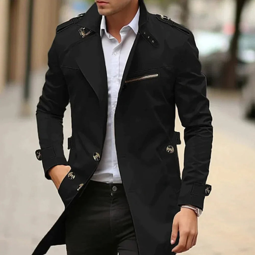 Men's Slim-Fit Belted Trench Mens Wool Coat Overcoat - Black