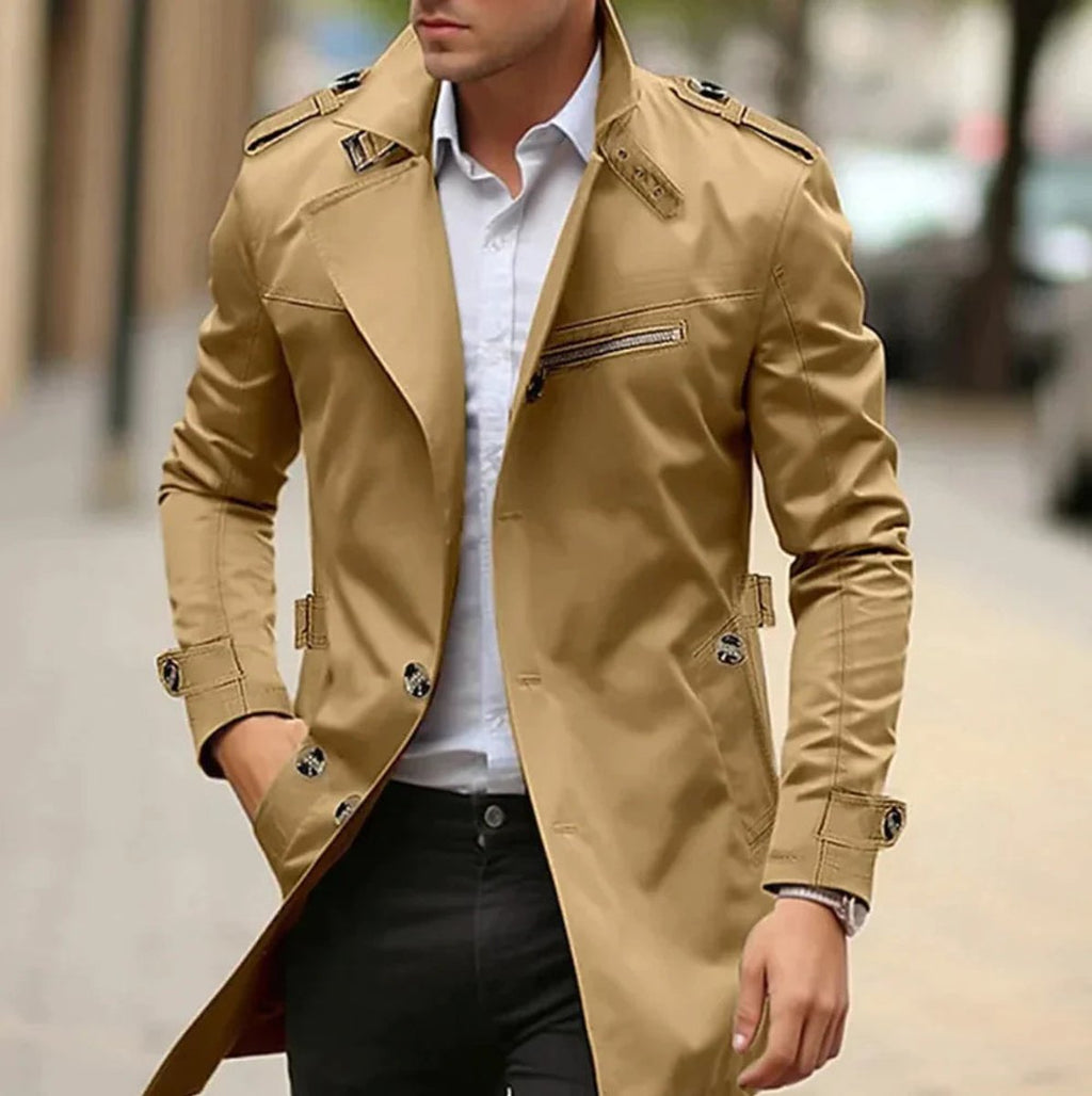 Men's Slim-Fit Belted Trench Mens Wool Coat Overcoat - Dark Beige