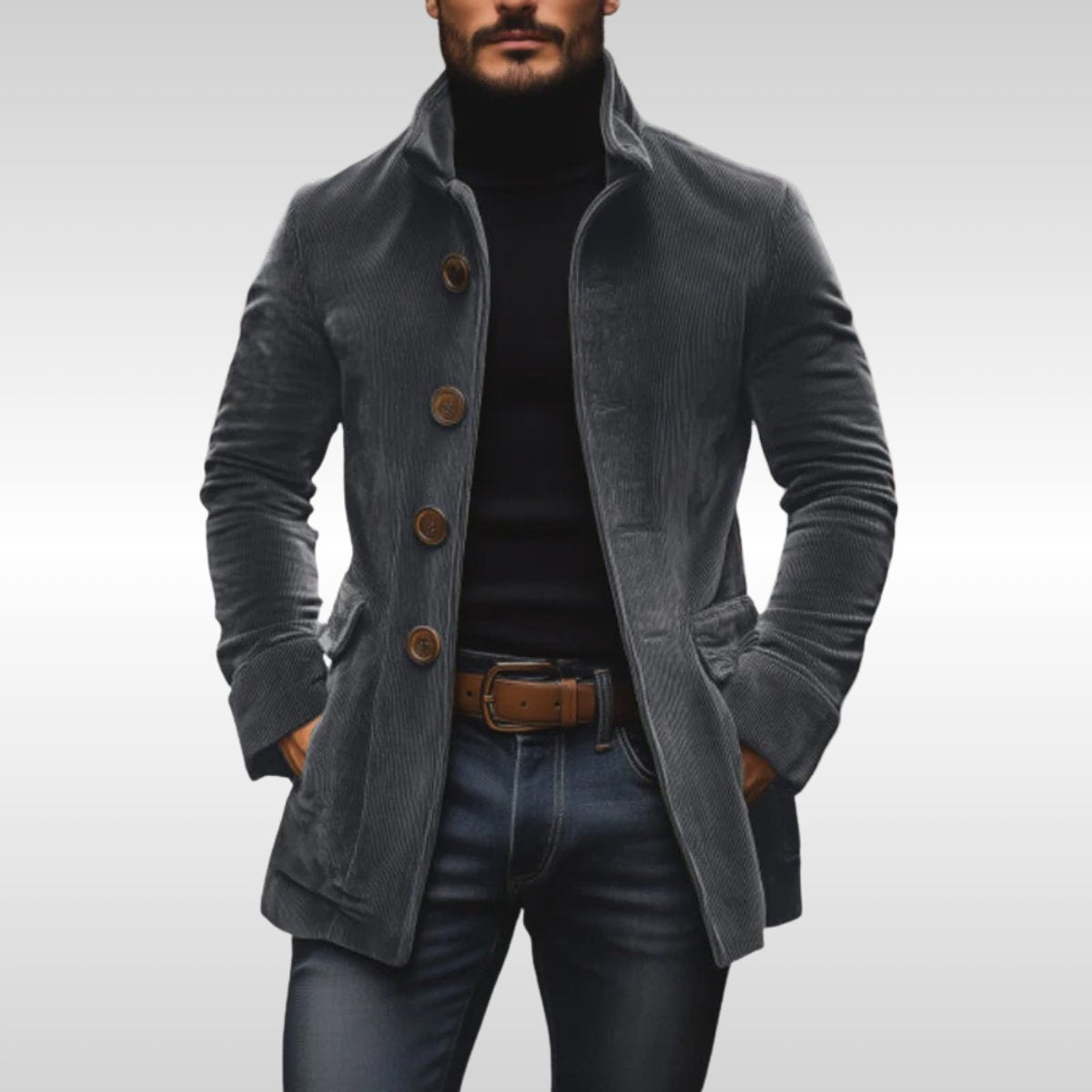 Men's Slim-Fit Corduroy Stand-Collar Wool Coat Button-Up Jacket - Gray