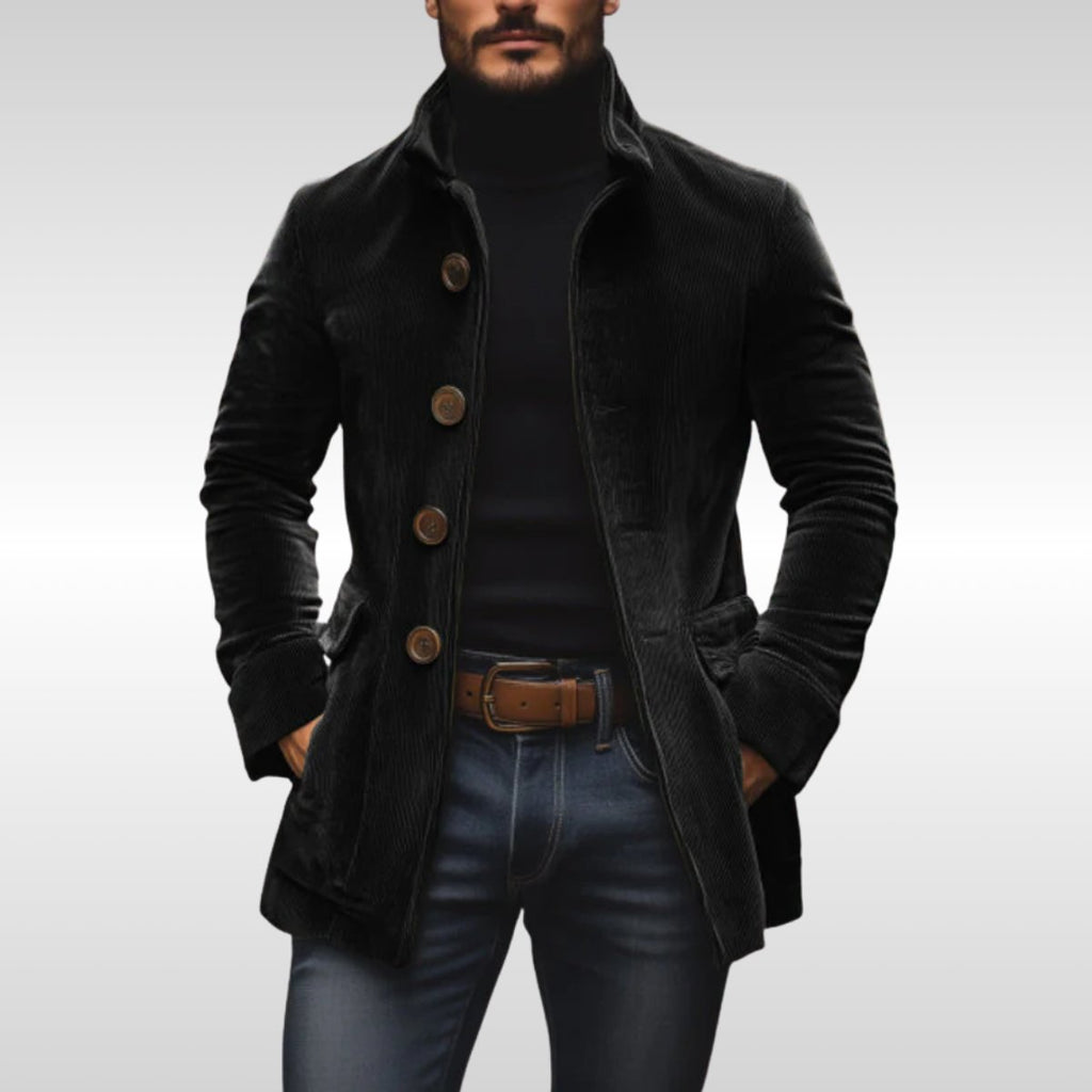 Men's Slim-Fit Corduroy Stand-Collar Wool Coat Button-Up Jacket - Black