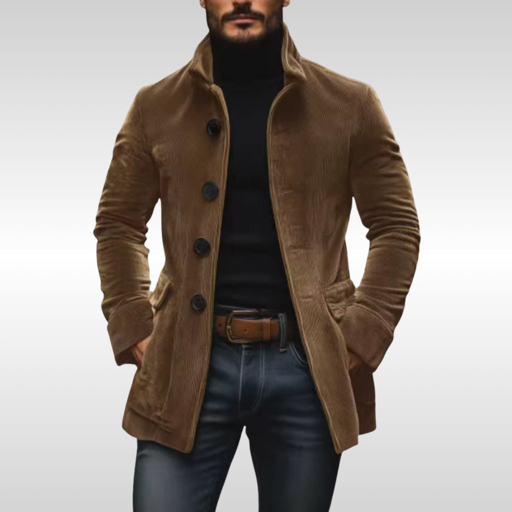 Men's Slim-Fit Corduroy Stand-Collar Wool Coat Button-Up Jacket - Light Brown