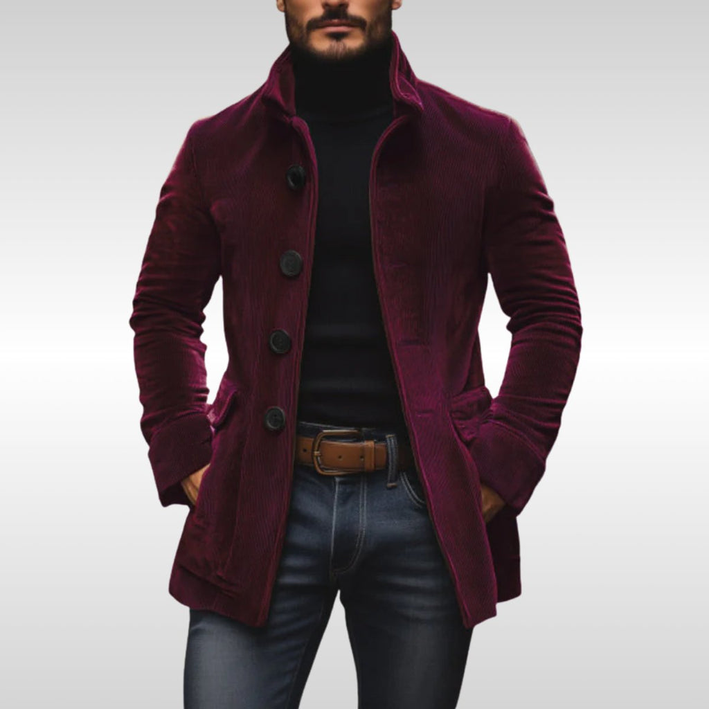 Men's Slim-Fit Corduroy Stand-Collar Wool Coat Button-Up Jacket - Burgundy