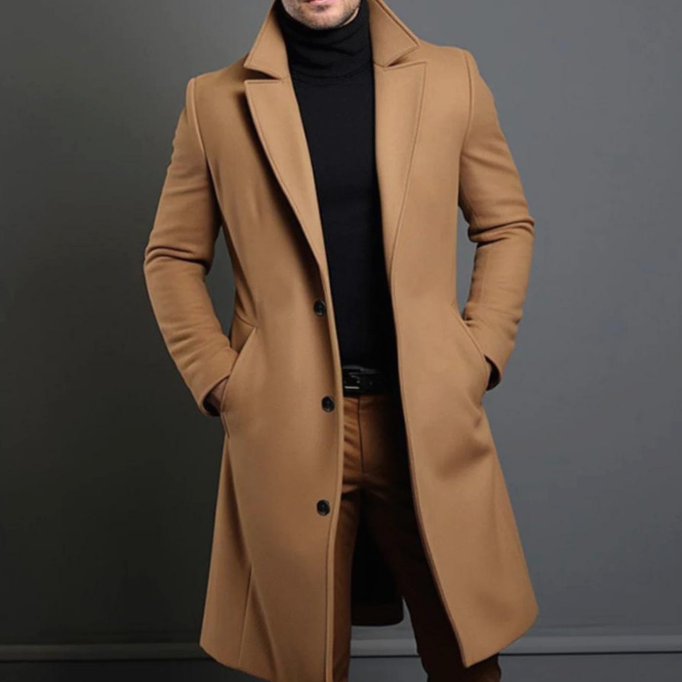 Men's Slim-Fit Long Wool Coat Tailored Overcoat - Brown