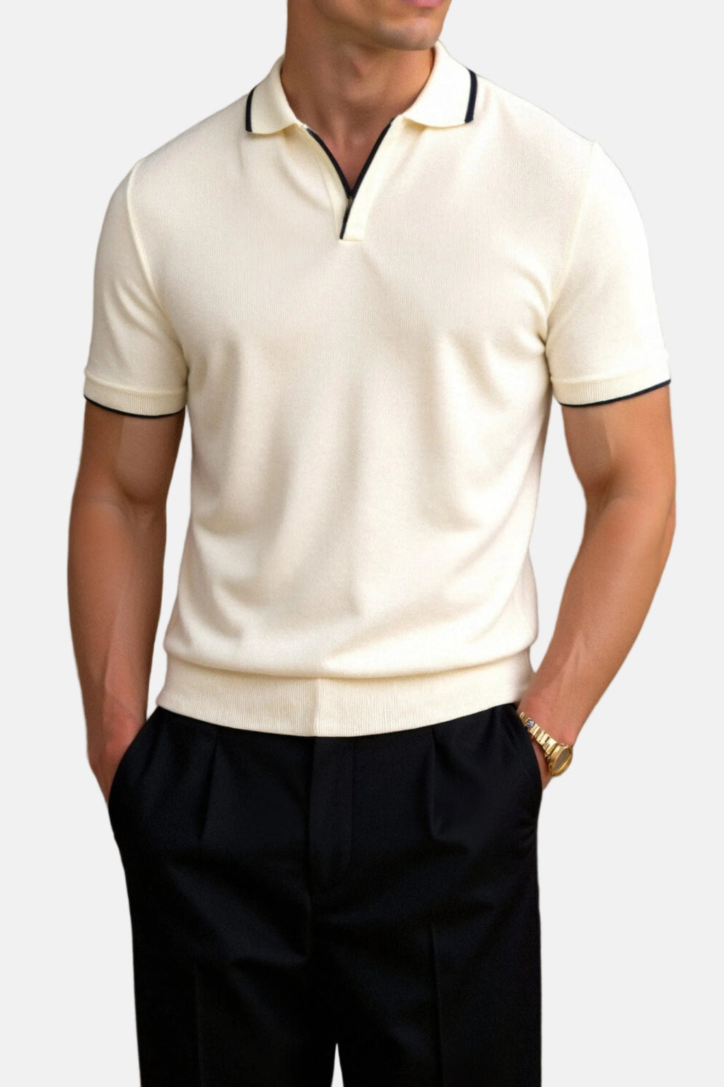 Men's Slim-Fit Open-Collar Tipped Knit Cotton Polo Shirt - Beige