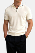 Men's Slim-Fit Open-Collar Tipped Knit Cotton Polo Shirt - Beige