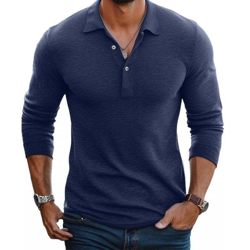 Men's Slim-Fit Satin-Finish Long-Sleeve Polo Shirt - Navy Blue