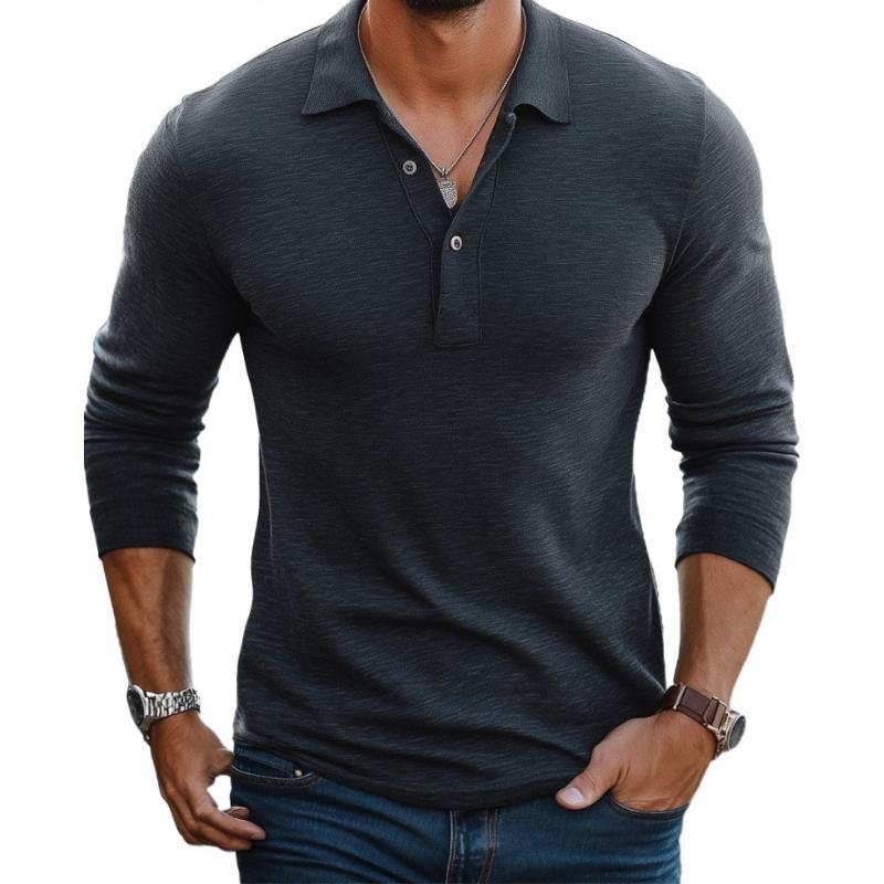 Men's Slim-Fit Satin-Finish Long-Sleeve Polo Shirt - Charcoal