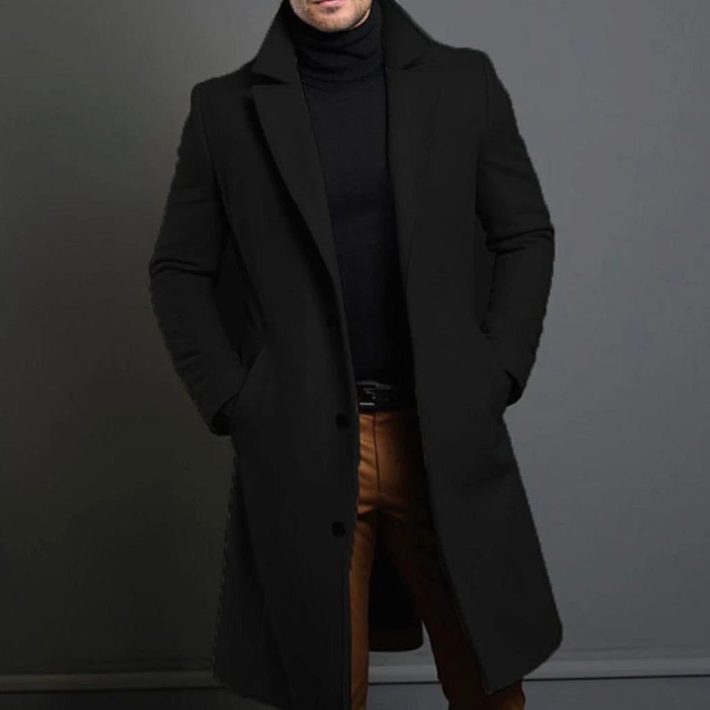 Men's Slim-Fit Single-Breasted Long Winter Coat - Black