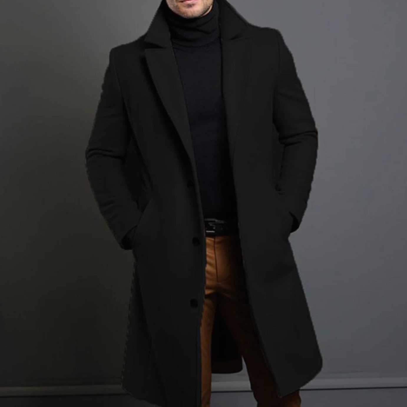 Men's Slim-Fit Single-Breasted Long Winter Coat - Black