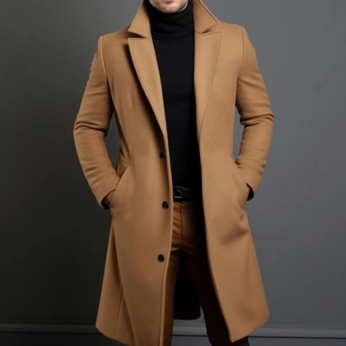 Men's Slim-Fit Single-Breasted Wool Overcoat - Khaki