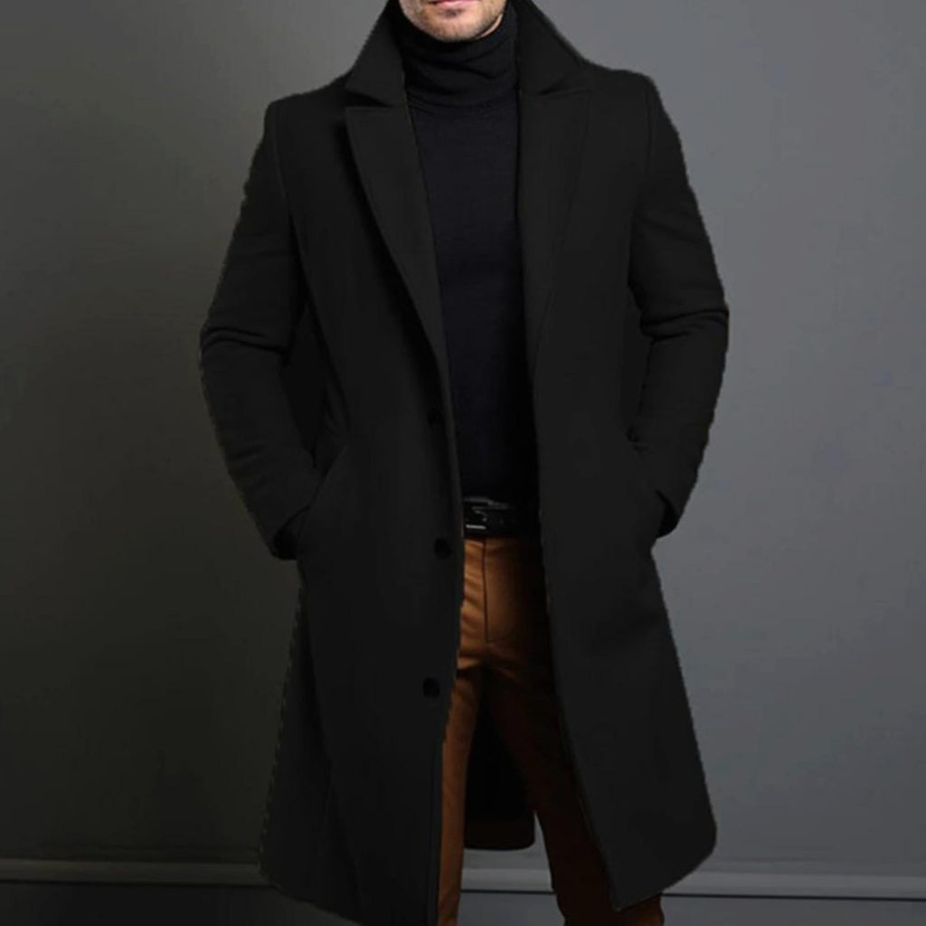 Men's Slim-Fit Single-Breasted Wool Overcoat - Black
