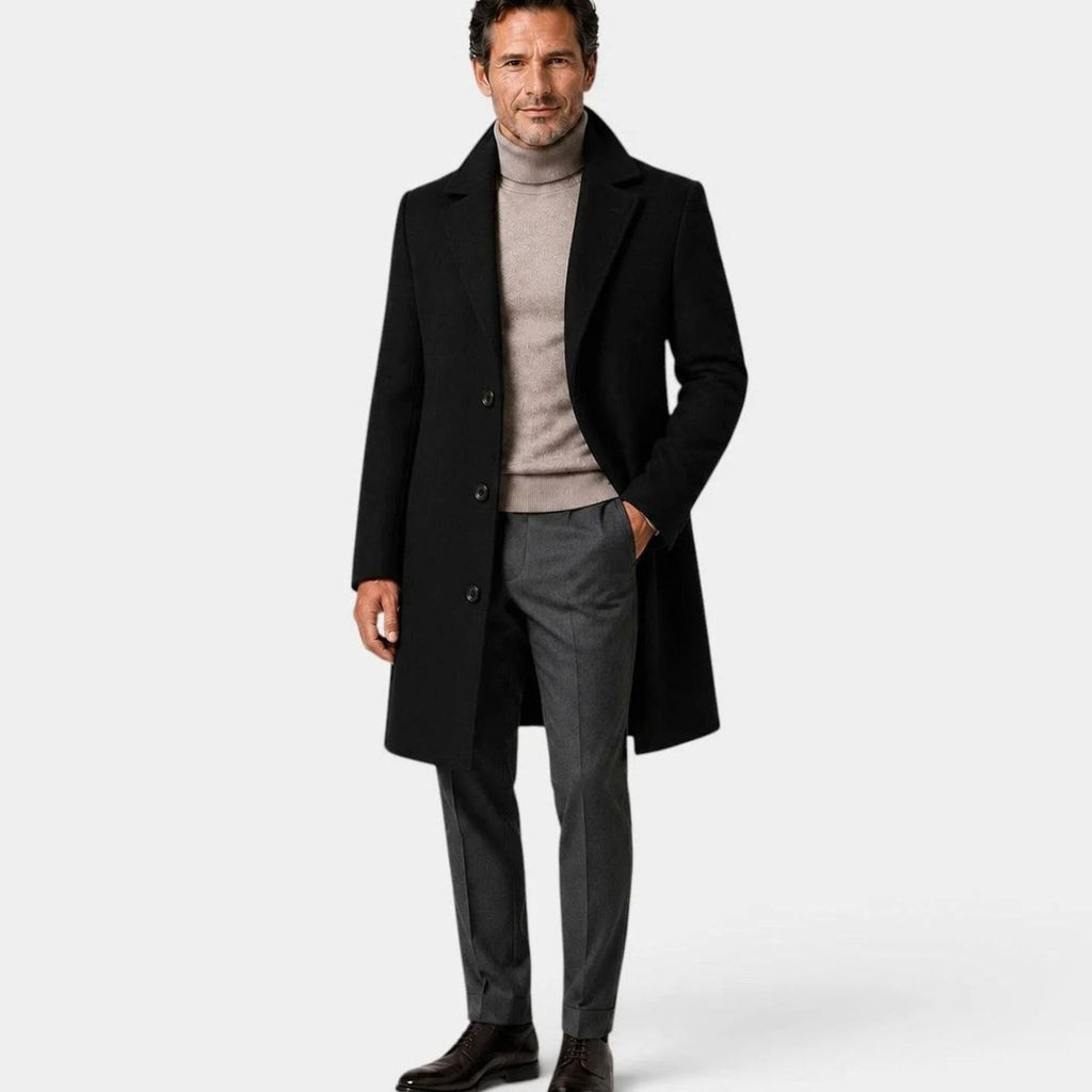 Men's Slim-Fit Wool-Blend Single-Breasted Overcoat - Black