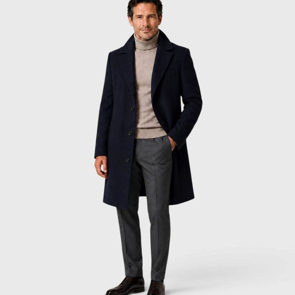 Men's Slim-Fit Wool-Blend Single-Breasted Overcoat - Navy Blue