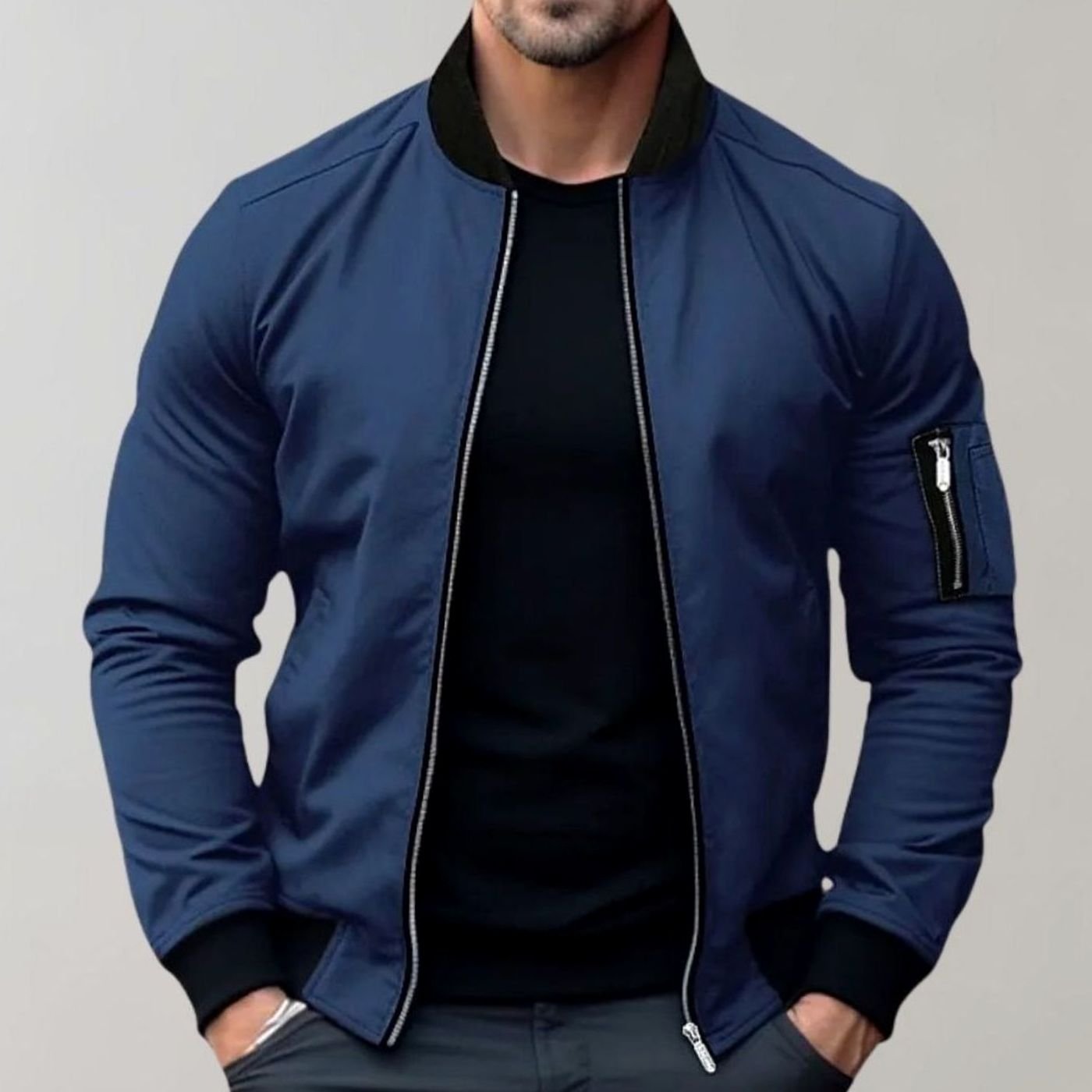 Men's Slim Fit Zip-Up Bomber Jacket Ribbed-Collar Sleeve Pocket - Blue