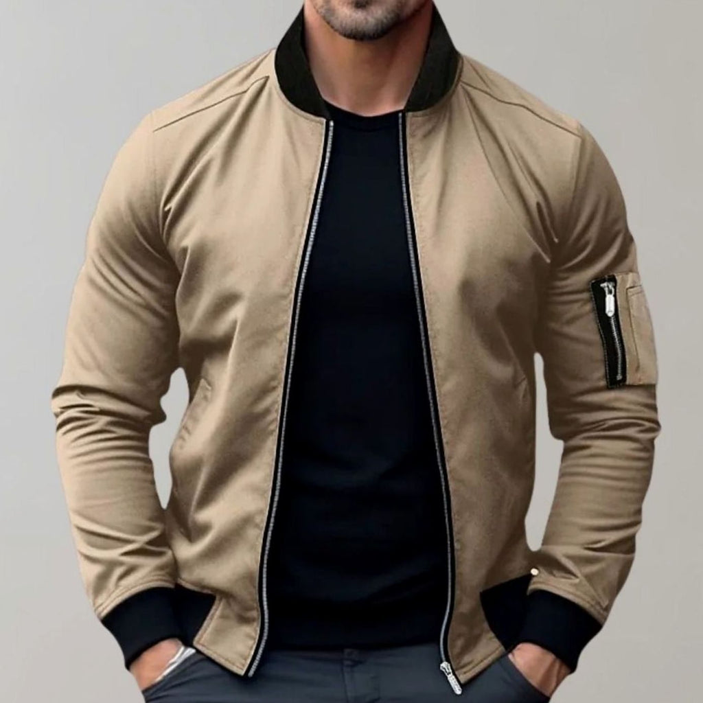 Men's Slim Fit Zip-Up Bomber Jacket Ribbed-Collar Sleeve Pocket - Khaki