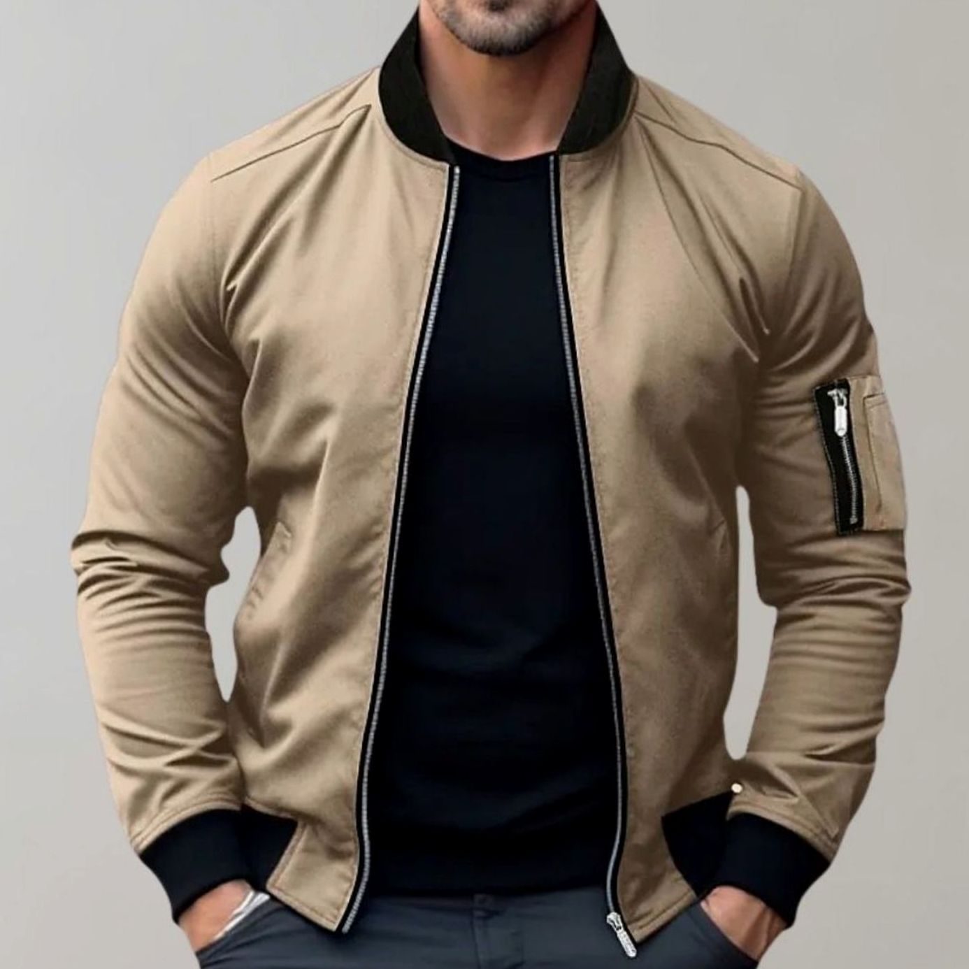 Men's Slim Fit Zip-Up Bomber Jacket Ribbed-Collar Sleeve Pocket - Khaki