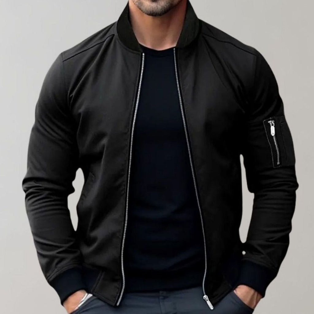 Men's Slim Fit Zip-Up Bomber Jacket Ribbed-Collar Sleeve Pocket - Black