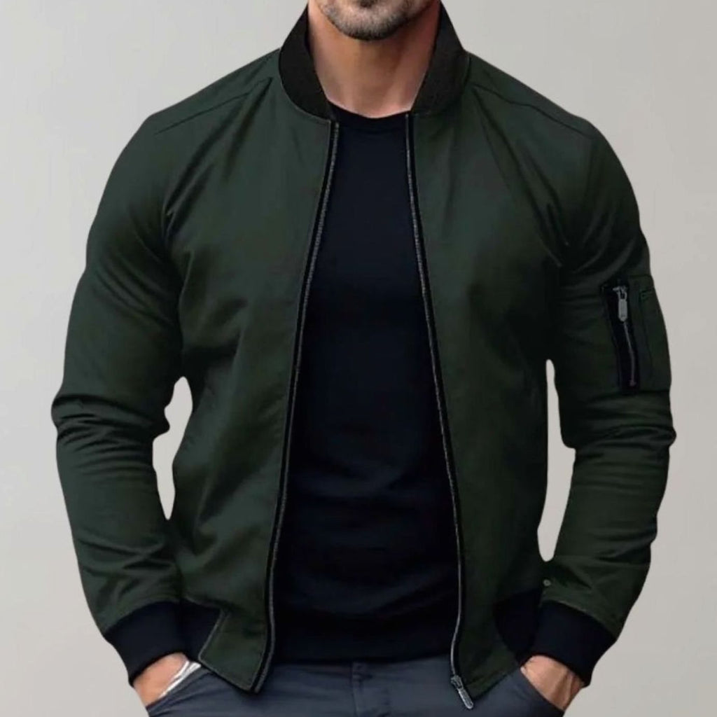 Men's Slim Fit Zip-Up Bomber Jacket Ribbed-Collar Sleeve Pocket - Green