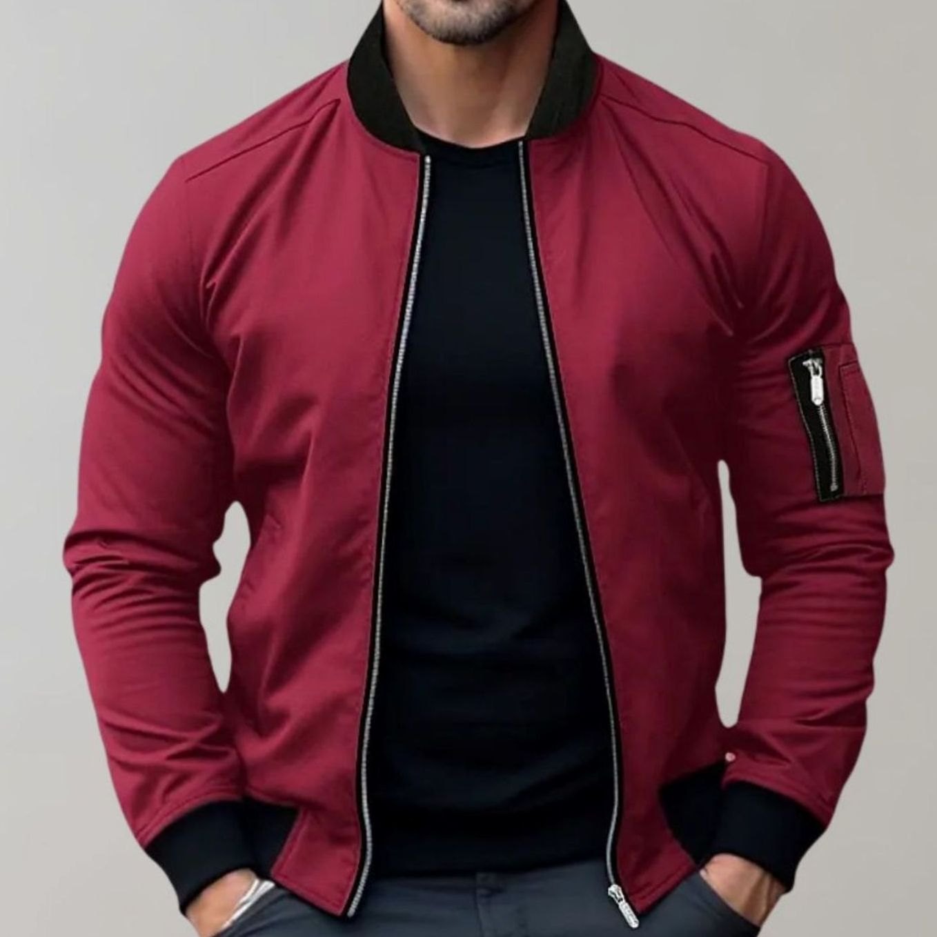 Men's Slim Fit Zip-Up Bomber Jacket Ribbed-Collar Sleeve Pocket - Burgundy