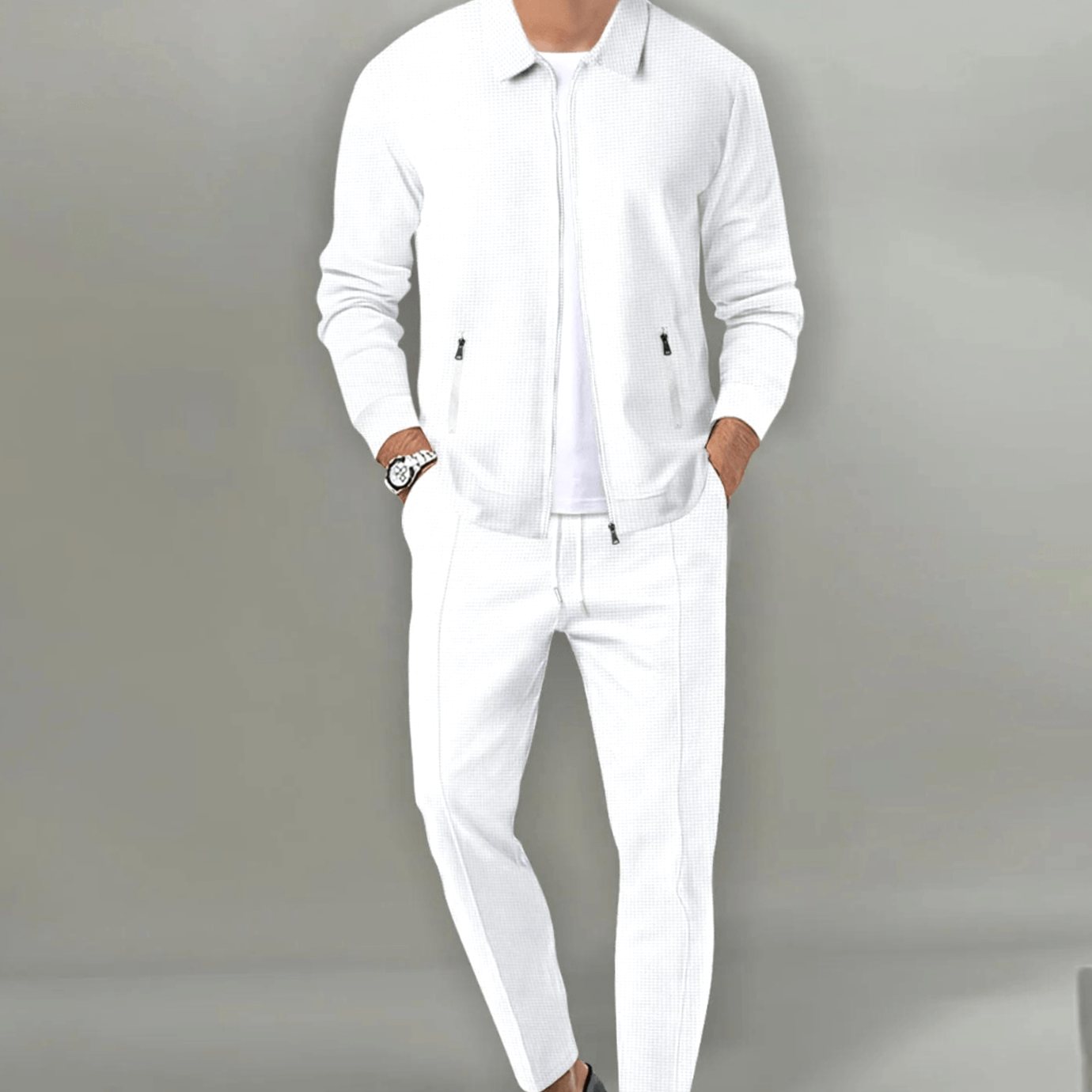 Men's Slim-Fit Zip-Up Casual Tracksuit Two-Piece Set - White