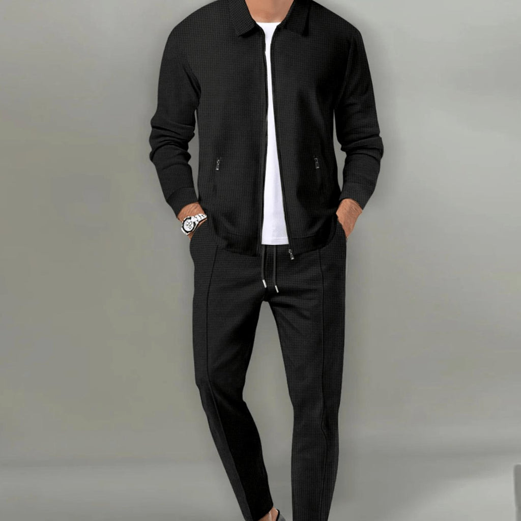Men's Slim-Fit Zip-Up Casual Tracksuit Two-Piece Set - Black