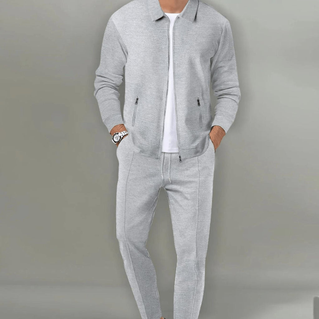Men's Slim-Fit Zip-Up Casual Tracksuit Two-Piece Set - Grey