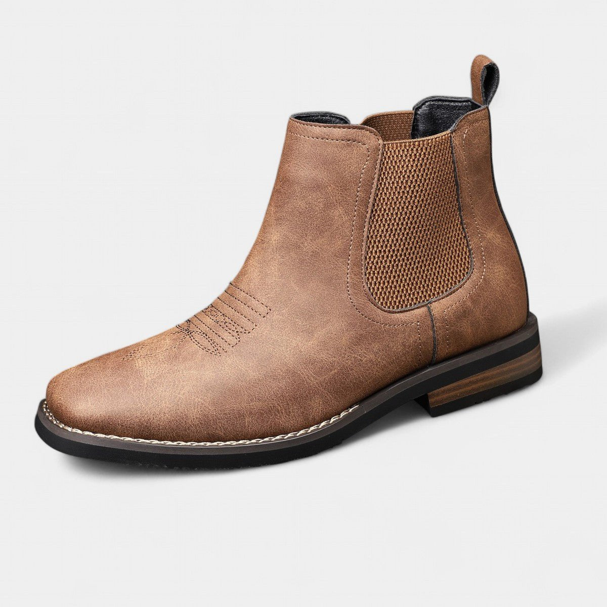 Men's Slip-On Chelsea Boots Square-Toe Western-Stitch Ankle Boot