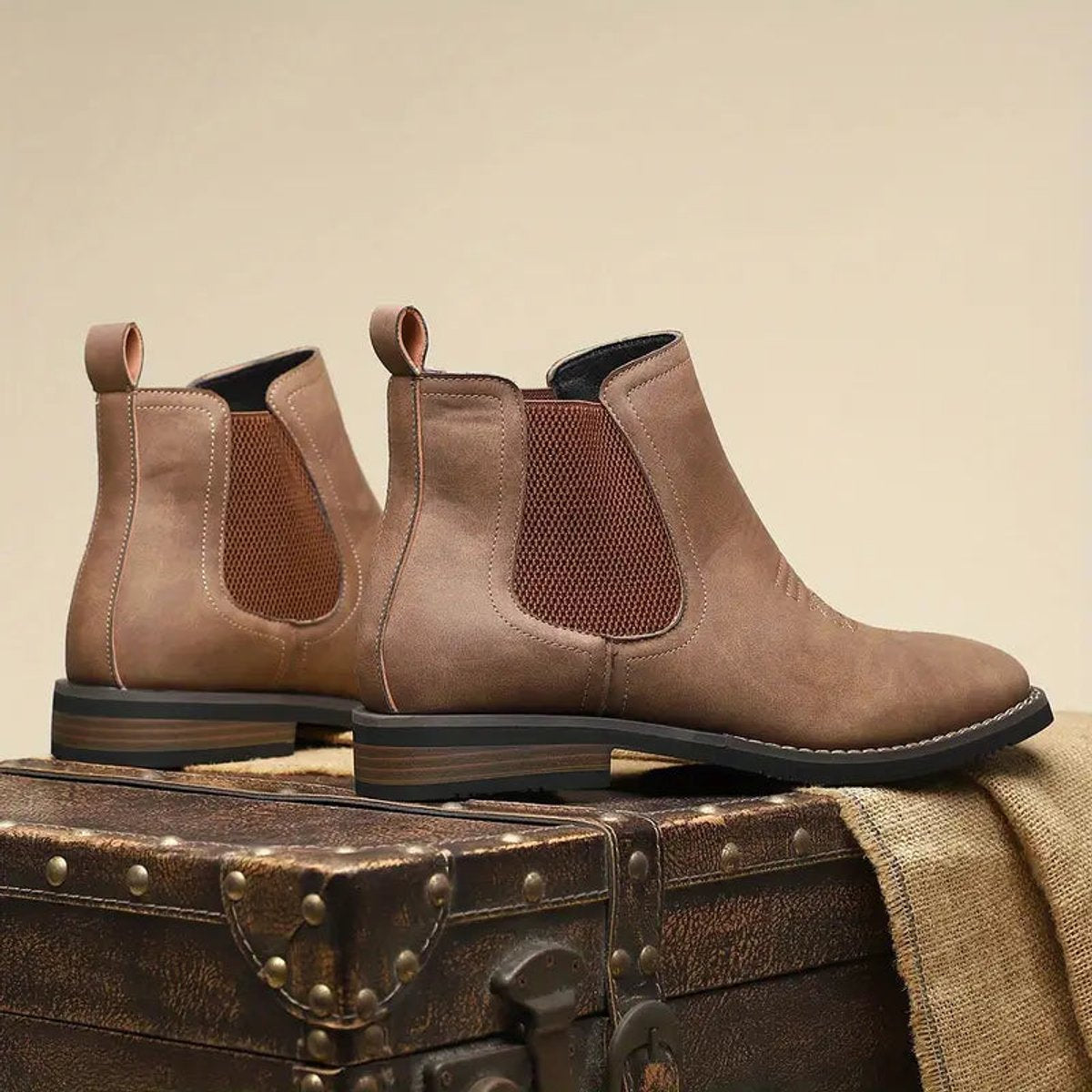 Men's Slip-On Chelsea Boots Square-Toe Western-Stitch Ankle Boot