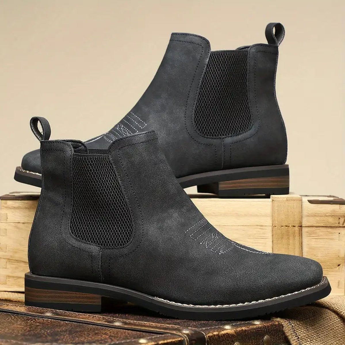 Men's Slip-On Chelsea Boots Square-Toe Western-Stitch Ankle Boot